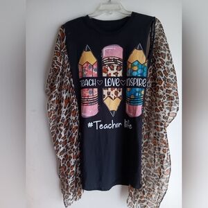 Upcycled Graphic Teacher TShirt/Poncho with Leopard Print Kimono Sleeves 💛